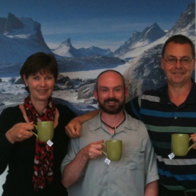 The Devonshire Tea front line pouring TEAm: (left to right) Debbie Kay, Antony Jinman (Polar Explorer and tea lover), and Gavin Sheppard