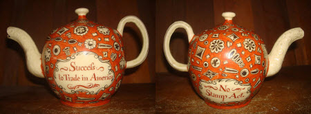 Two sides of a valuable and historic teapot