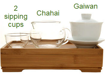 A tea set with a white gaiwan, a glass chahai, and 2 glass sipping cups on a bamboo tea tray A tea set with a white gaiwan, a glass chahai, and 2 glass sipping cups on a bamboo tea tray
