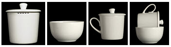 Standard tea tasting set in white ceramic. Note the notches in the cup edge (left photo) for straining tea liquid into the sipping cup (2nd to left). (Photo source: stock image)
