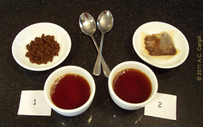 The same tea, one steeped loose and the other in the bag. The difference was unmistakable. (Photo source: A.C. Cargill, all rights reserved)