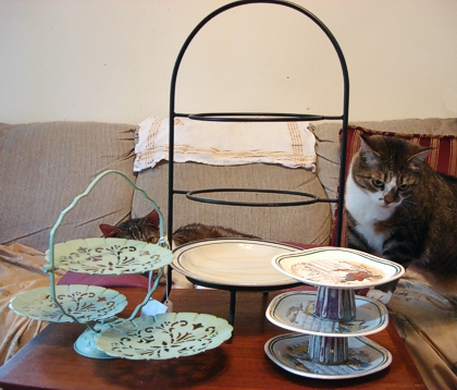 Several elegantly tiered ways to serve afternoon tea. All are kitty-approved. (Photo source: article author) Several elegantly tiered ways to serve afternoon tea. All are kitty-approved. (Photo source: article author)