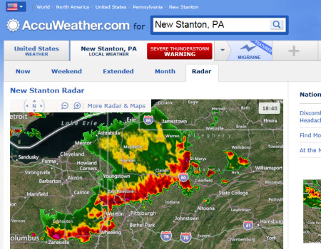 Weather in New Stanton, PA (hometown of The English Tea Store) (screen capture from Accuweather.com)