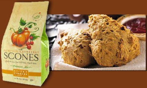 Sticky Fingers Pumpkin Cranberry Scones: On the left is the mix (ETS image), on the right is the result (Stickyfingersbakeries.com image)