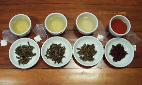 Left to right: green, roasted green, first flush green, and black teas (Photo by A.C. Cargill, all rights reserved)