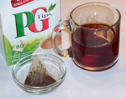 The PG Tips pyramid style teabag – unsqueezed! (Photo by A.C. Cargill, all rights reserved)