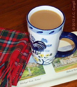 A clan tartan scarf adds the right Scottish touch to tea time! (Photo by A.C. Cargill, all rights reserved)
