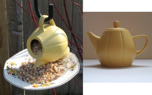 The birdfeeder on the left (Yahoo! Images) appears to be a sibling of my own Little Yellow Teapot on the right (photo by A.C. Cargill, all rights reserved).