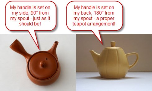 Trying to keep those teapots from coming to blows! (Kyusu on left via Yahoo! Images, Little Yellow Teapot on right by A.C. Cargill, all rights reserved)