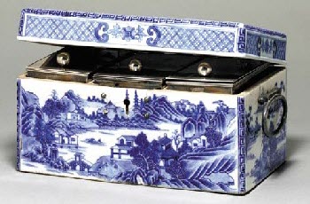 A Rare Sheffield Plate-Mounted Blue and White Tea Caddy Box (From Pinterest)