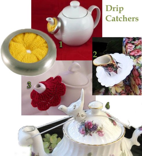 1 - Yellow lemon, 2 - white paper (disposable), 3 - red hand-crocheted, and 4 - a combo drip catcher lid holder. (From Yahoo! Images)