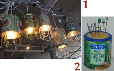 A Few Very A-Typical Tea Tin Reuses: 1 – ceiling light fixture, 2 – pincushion (From Yahoo! Images)