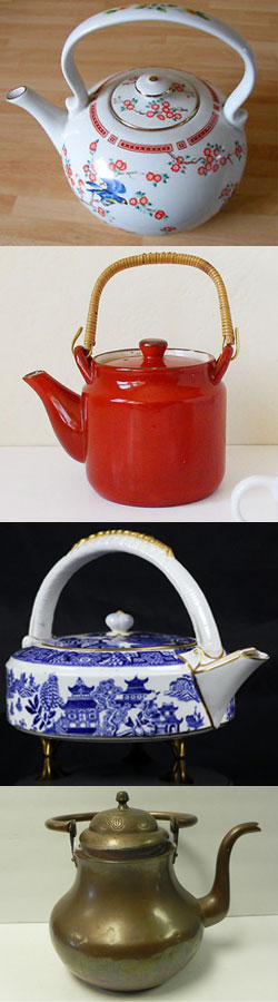 Top to bottom: Japanese Kettle Teapot, Red vintage Japanese tea kettle teapot from kitschCAFE, Antique Royal Worcester Pagoda Pattern Kettle Shaped Teapot C. 1880, large vintage copper teapot kettle (From Yahoo! Images)