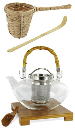 Top to bottom: Bamboo strainer, tea scoop, and teapot (ETS image composite by A.C. Cargill)