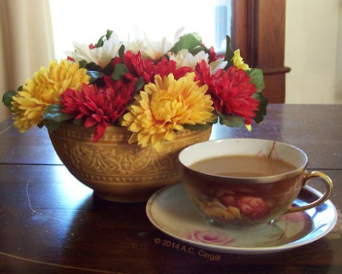 ‘Mums add a lovely Autumn touch to tea time! (Photo by A.C. Cargill, all rights reserved)