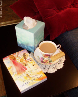Plump pillows, a good book, a box of tissues in case the book is a tear-jerker, a cookie, and a good cuppa tea help achieve coziness. (Photo by A.C. Cargill, all rights reserved)